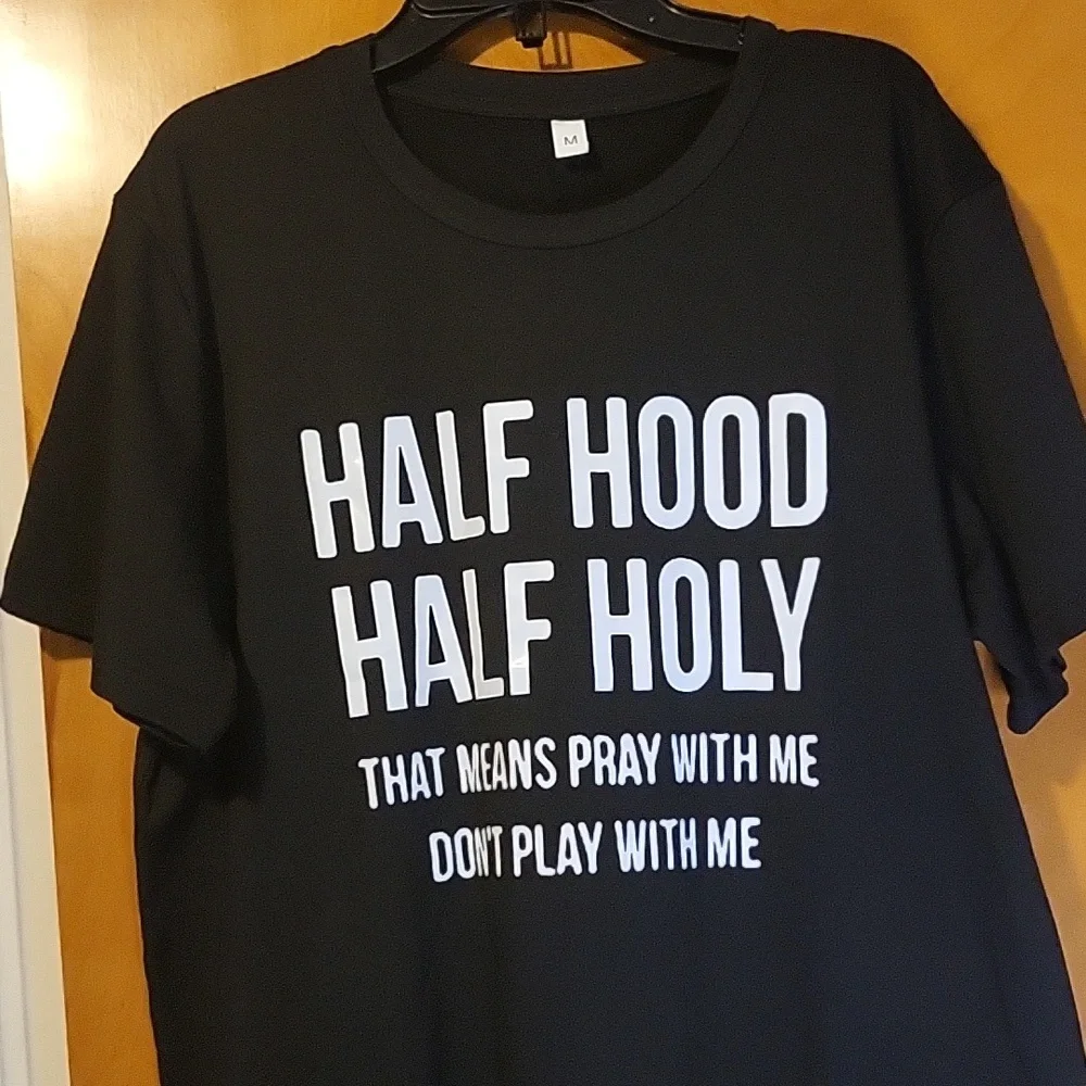 Womens Black / White "Half Hood, Half Holy" Short Sleeve T-shirt - Picture 3 of 5
